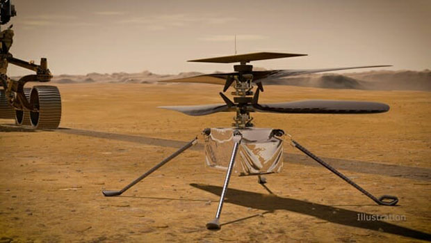 인저뉴어티를 화성 표면에 전개한 후 물러나는 탐사 로버 퍼서비어런스 상상도. (출처=NASA)