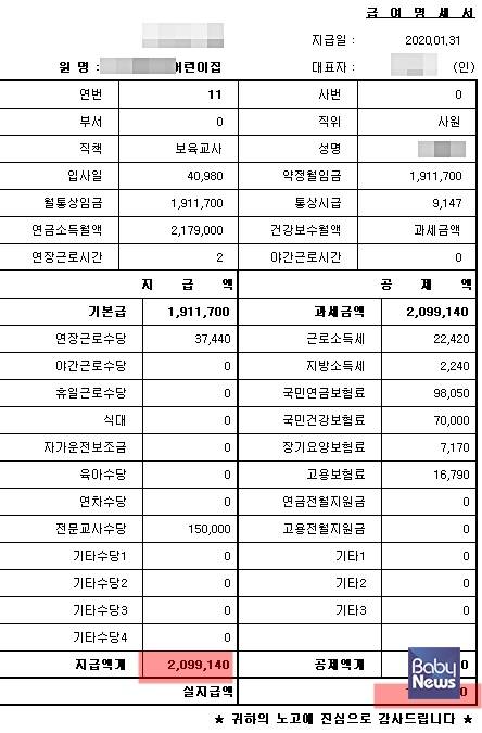 보육교사 경력 총 15년 차 2020년 1월 급여 명세서. A 씨는 5년 10개월 공동육아교사 후 해당 어린이집에서 2012년부터 일하고 있다. ⓒ제보