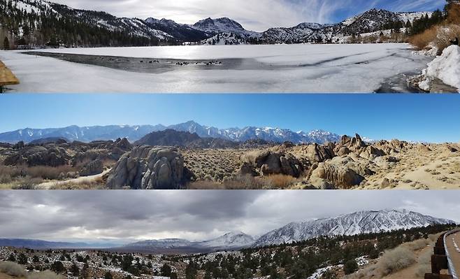 (위)시에라 산 속 꽁꽁 얼어붙은 쌍둥이 호수 파노라마 전경. (가운데)모하비 사막과 눈 덮인 시에라산맥은 서로 다르면서도 잘 어울린다.  (아래)고도를 올리자 시에라산맥의 설경이 점점 깊이를 더하고 있었다.