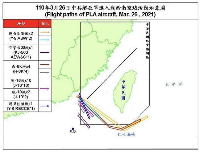 중국 군용기 대만 ADIZ 진입 경로/대만 국방부