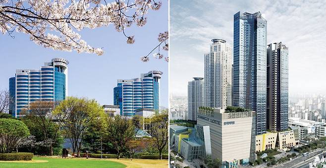 실버타운계 양대 산맥으로 불리는 용인의 '삼성 노블 카운티'(왼쪽)와 서울 광진구에 있는 '더클래식 500'.