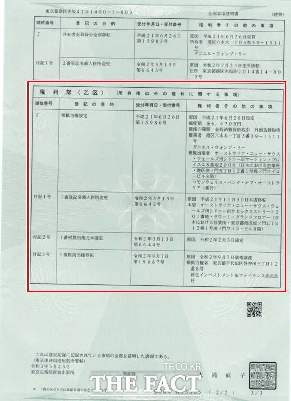 박영선 후보자 남편 이 씨가 보유한 일본 도쿄 아카사카 아파트는 구입 당시부터 현재까지 근저당이 설정된 상태다. 박 후보자는 지난 2월 처분했다고 했지만, 이 씨가 근저당권을 풀어야 매도할 수 있다. 이 씨의 아카사카 아파트 등기부등분에 적시된 근저당 내용.(빨간 부분) /안재범 기자
