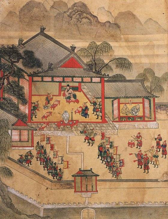 북관(北關·함경도) 지역에서 활약한 인물을 그린 ‘북관유적도첩(北關遺蹟圖帖)’에 실린 ‘야연사준도(夜宴射樽圖)’. ‘밤에 잔치를 하던 중 술동이에 화살이 꽂히다’라는 뜻으로, 6진 개척으로 알려진 세종대 김종서의 일화를 그렸다. 조선시대 북방은 몇 사례 소동이 있었지만 대체로 평온했다. [사진 고려대박물관]