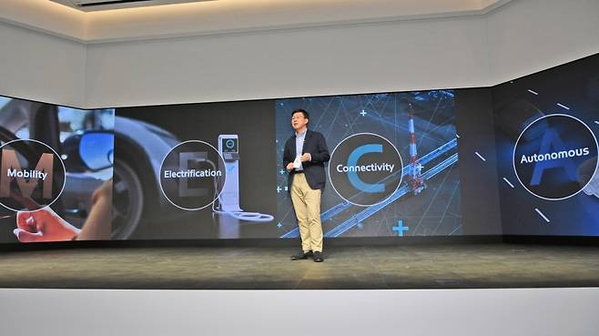 정수경 현대모비스 기획부문장이 31일 '현대모비스 전략 및 신기술 발표 컨퍼런스'에서 향후 미래 전략에 대해 발표하고 있다./사진제공=현대모비스