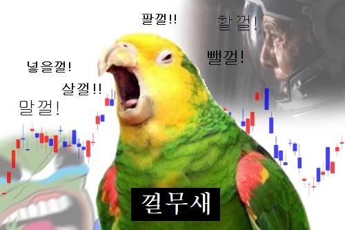 주식 투자자들 사이에서 ‘살걸' ‘팔걸' ‘뺄걸' ‘할걸'처럼 과거를 후회하는 ‘~걸'이란 말을 앵무새처럼 반복한다는 뜻의 ‘껄무새’가 신조어로 떠오르고 있다. /인터넷 캡처
