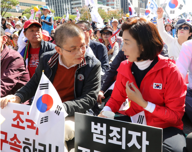 2019년 10월, 서울 광화문광장에서 문재인 하야 범국민투쟁본부 주최 '대한민국 바로세우기 국민대회'에 참석한 자유한국당(국민의힘 전신) 황교안 대표와 나경원 원내대표 뒤로 '태극기'가 펄럭이고 있다. 뉴시스