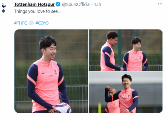 An image shared on Tottenham Hotspur's official Twitter account shows Son Heung-min returning to training on Thursday. [SCREEN CAPTURE]