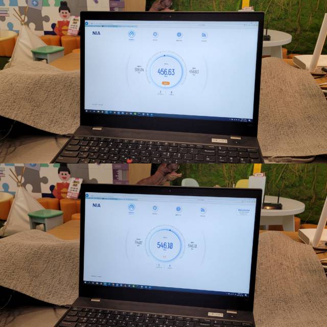기가와이파이6(아래) 데이터 전송 속도 테스트 결과 기존 와이파이5 환경과 비교해 다운로드 및 업로드 속도가 대폭 향상됐다. /오지현기자