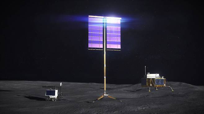 최고 9.7m까지 키를 높일 수 있는 태양 전지판의 상상도. 그림자를 피해 전기를 생산할 수 있는 이 장비를 미국은 2020년대 말까지 달 남극에서 시험 가동한다.  미국항공우주국(NASA) 제공