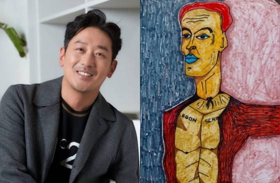 Actor Ha Jung-woo, left, and one of his artworks showcasing at his exhibition “At Home” in Pyo Gallery in central Seoul. [PYO GALLERY]