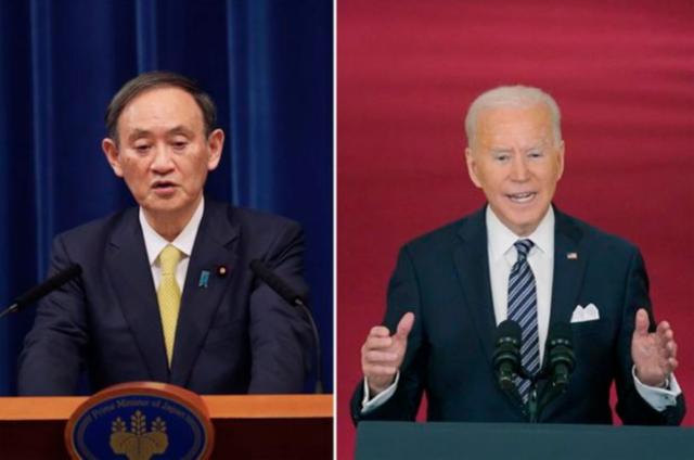 스가 요시히데(왼쪽) 일본 총리와 조 바이든 미국 대통령. AP 연합뉴스