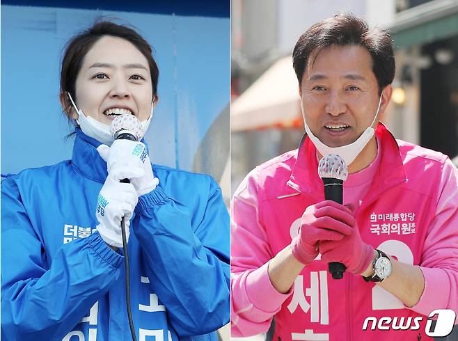 4·15 총선 서울 광진을에 출마한 고민정 더불어민주당 후보(왼쪽)와 오세훈 미래통합당 후보가 14일 서울 광진구에서 유권자들을 향해 지지를 호소하고 있다./사진=뉴스1