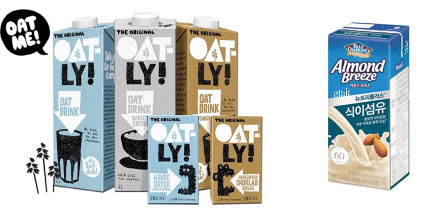 (왼쪽부터) ‘오틀리’(OATLY)의 귀리우유와 ‘아몬드브리즈’의 아몬드음료