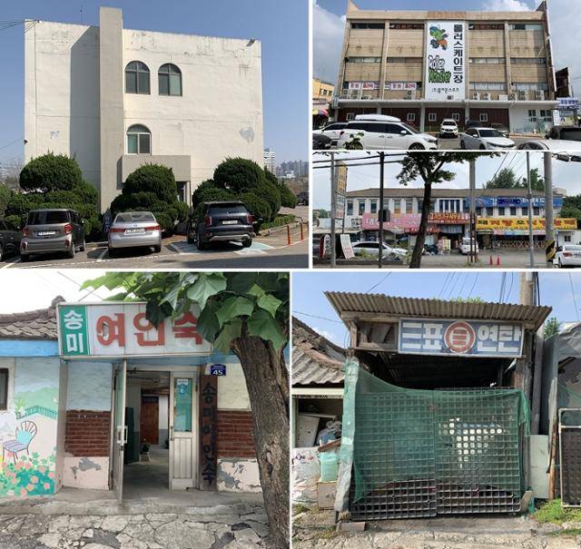 1974년에 준공된 구 한강농지개량조합 건물(윗줄 왼쪽부터 시계방향), 구 김포터미널과 구 김포경찰서, 연탄보관소와 송미여인숙. 김포군 시절의 구도심 모습을 간직하고 있다.