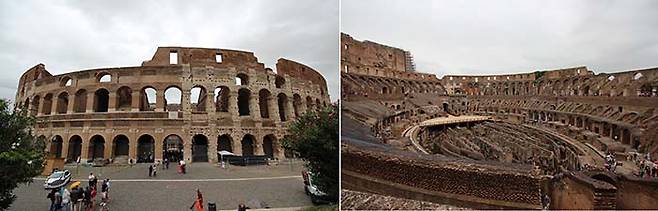 콜로세움 북쪽 정면(왼쪽). 오른쪽은 콜로세움 내부 전경이다. 가운데 보이는 부분이 경기장 바닥 밑 공간이다. 이탈리아 정부는 경기장 바닥을 복원하는 작업을 추진하고 있다. 【송경은 기자】