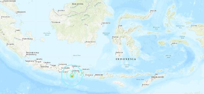 인도네시아 동부 자바 남부 해상 6.0 지진…쓰나미 경보 없어 [미국지질조사국(USGS) 홈페이지]