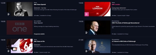 9일(현지시간) 필립공 추모 방송으로 가득한 BBC1 편성표 [BBC 아이플레이어 페이지 캡처. 재판매 및 DB 금지]