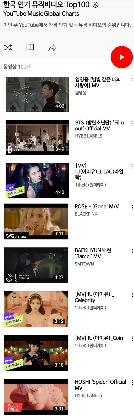 /사진=유튜브 음악 차트 및 통계