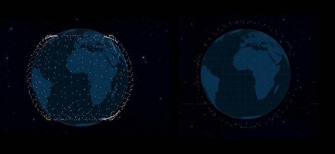 스타링크 위성 현황 (왼쪽), 원웹 위성 현황(오른쪽). satellitemap 제공