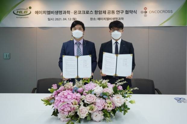 왼쪽부터 한용해 에이치엘비생명과학 사장과 김이랑 온코크로스 대표.