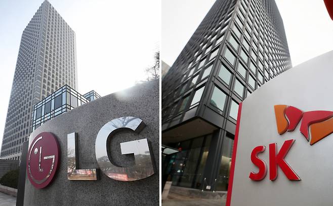 LG에너지솔루션과 SK이노베이션은 11일 오후 배터리 분쟁 종식 합의문을 공동 발표했다. SK이노베이션은 LG에너지솔루션에 총액 2조원의 배상금을 지급하기로 했다. 사진은 서울 LG와 SK 본사 건물. [연합]