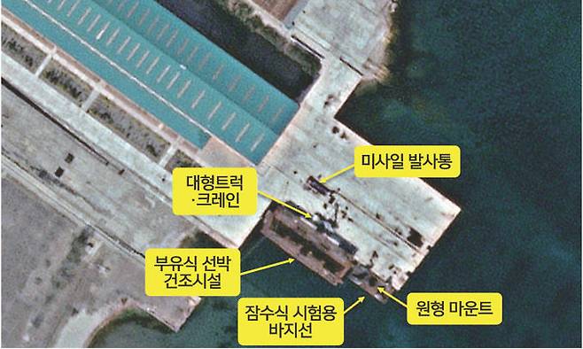 북한 신포조선소에서 포착된 잠수함발사탄도미사일(SLBM) 시험용 선박의 미사일 발사관 개보수 정황. 38노스 홈페이지 캡처