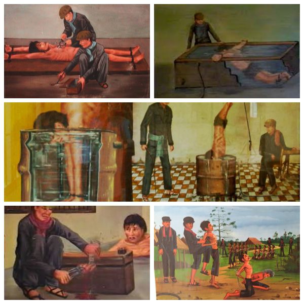 1975~1979년 캄보디아의 크메르루주 공산정권에서 자행된 각종 고문 현장을 묘사해 전시한 그림들./뚜얼 슬랭 대학살 뮤지엄