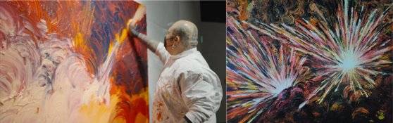 지심세연 작가가 즉석에서 페인팅 작업을 하는 모습과, 그의 작품(오른쪽). 사진 인스타그램 캡처