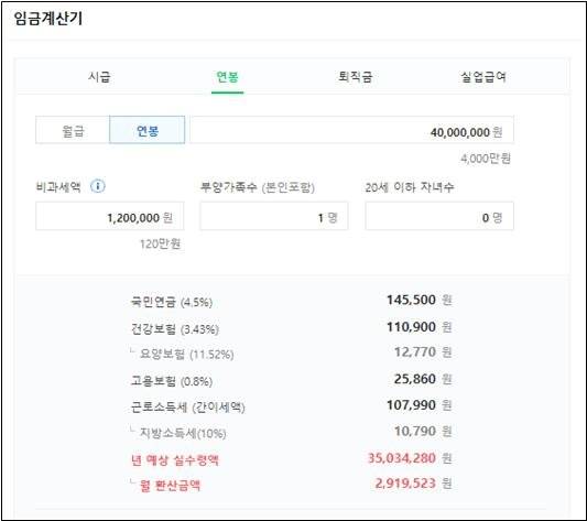 네이버 2021년 연봉 실수력액 계산기로 계산.