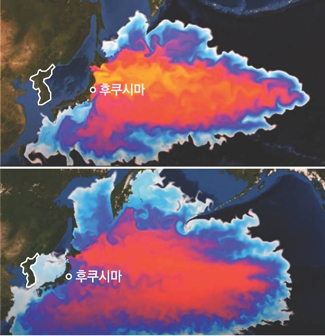 원전 오염수 바다 방류…7개월·18개월 뒤 확산 예상도 일본 후쿠시마 원자력발전소에서 오염수(세슘137 기준)를 해양에 방류할 경우 확산 예상도다. 7개월 뒤 제주도 근해에 다다르고(위 사진), 18개월 뒤에는 동해 대부분으로 퍼진다. 그사이 태평양 오염지역도 급격히 넓어진다.  독일 헬름홀츠 해양연구소 제공