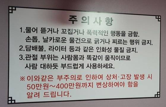 리얼돌 체험방 벽면에는 사용시 주의해야할 점도 상세히 적혀있다. [편광현 기자]
