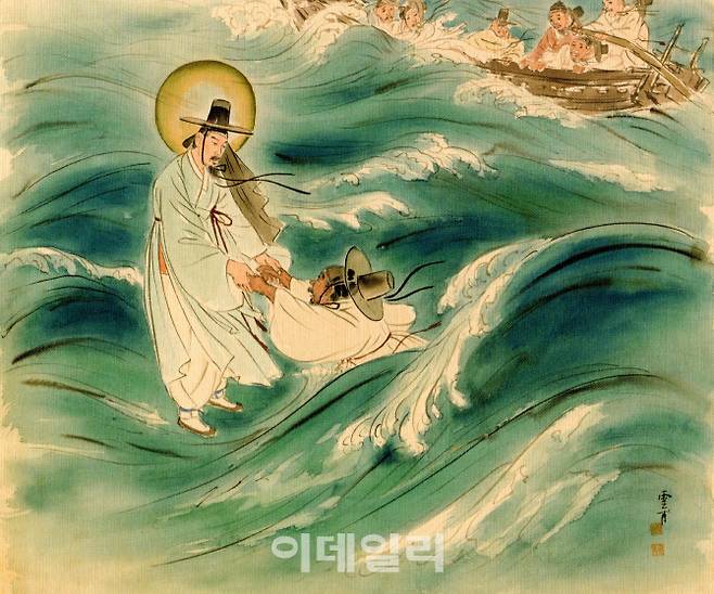 김기창이 그린 30점 연작 ‘예수의 생애’ 중 ‘물 위를 걷다’. 신약성서의 주요 장면을 압축적으로 담은 30점 중 29점을 한꺼번에 그린 1952∼1953년에 완성했다. 갓 쓰고 흰 두루마기를 입은 예수를 비롯해 조선 복색을 한 인물들, 흔들리는 배까지 유연한 세필로 묘사한 생생한 현장감이 전통 풍속화처럼 보인다. 비단에 채색, 63×76㎝, 서울미술관 소장.