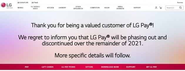 LG전자가 올해 미국 시장에서 간편결제 서비스인 'LG페이'를 단계적으로 종료하겠다고 밝혔다. [사진=LG전자 홈페이지 캡처]