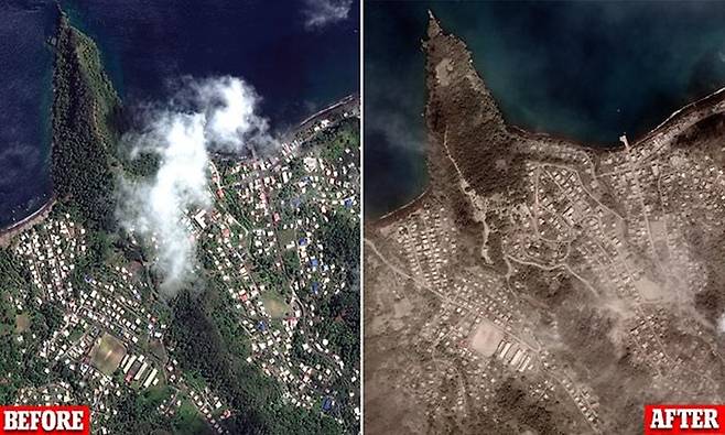 맥사 테크놀로지스가 촬영한 화산 폭발 전과 후의 모습