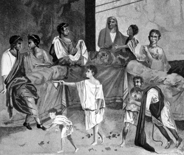 '트리클리니움의 집'에서 발견된 로마인들의 파티 그림을 19세기에 모사한 작품. 시중 드는 이들이 손님보다 훨씬 작게 그려져 있다. 글항아리 제공
