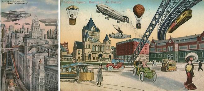 1925년에 예상한 미래의 뉴욕(왼쪽)과 1910년 상상한 미래의 보스턴시 / flick