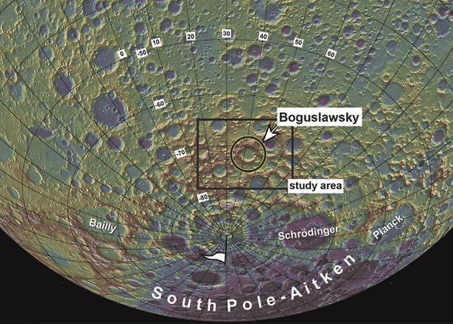 러시아의 달 탐사선 루나 25호의 착륙 예정지는 달 남극 근처 보구슬라프스키 크레이터다. NASA/애리조나대 제공
