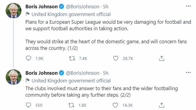 '슈퍼리그'의 등장에 반대한다는 보리스 존슨 영국 총리 트위터 캡처