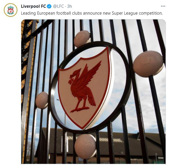 유러피언 슈퍼리그 창설 계획을 알리고 있는 리버풀FC의 게시물.  리버풀 트위터 캡처