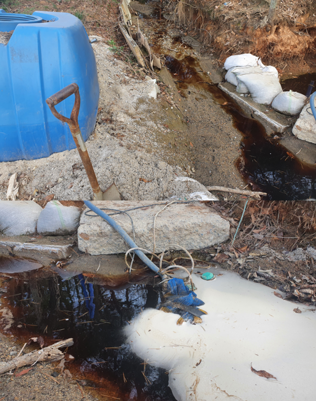 1일 전북 익산 낭산 폐석산에서 발생한 침출수가 주위 언덕과 공터에까지 흘러내려가고 있다. 이정원 기자