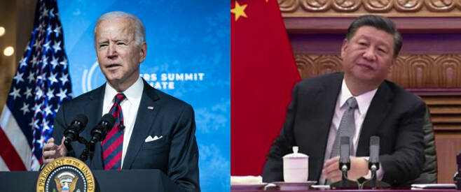 조 바이든 미국 대통령이 22일(현지시간) 백악관에서 화상 기후변화 정상회의 연설을 하고 있다(왼쪽 사진). 시진핑 중국 국가주석이 회의에 참석해 발언 순서를 기다리고 있다. 워싱턴 | EPA 연합뉴스·CNN 캡처
