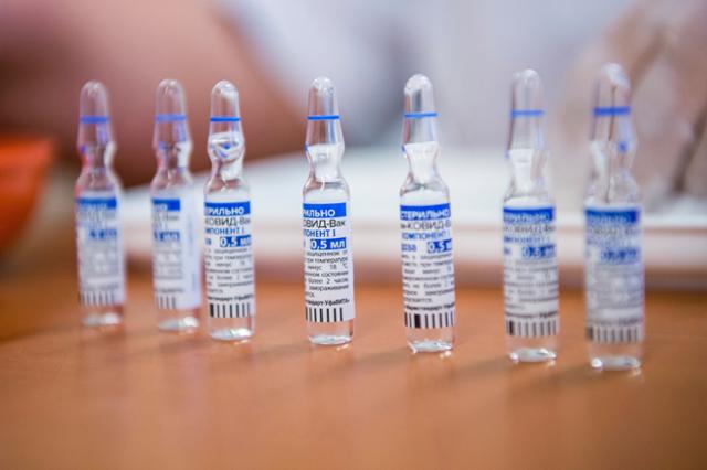 러시아 코로나19 백신인 스푸트니크 브이의 주사약 병이 14일 헝가리 수도 병원에서 환자에 접종 주사되기 위해 가지런히 준비되어 있다. 부다페스트=AP/뉴시스
