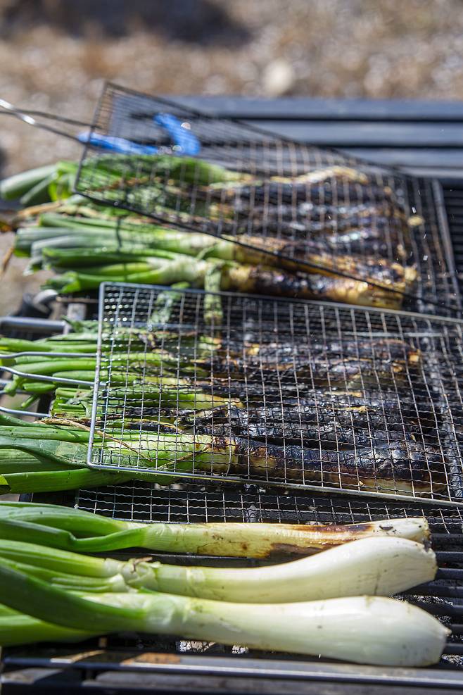 함양파는 스페인 칼솟처럼 겉을 태우듯 구운 다음 벗겨내고 흰 속살을 먹는다./이신영 영상미디어 기자