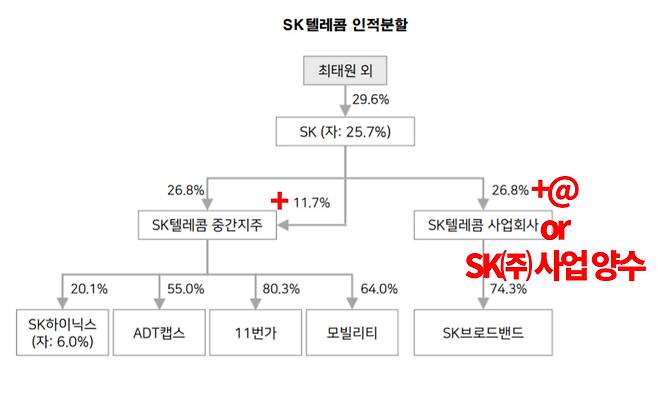 SK㈜가 중간지주사에 대한 지배력을 확대하는 방안으로 ▷SK텔레콤 존속법인이 보유한 신설법인 지분을 SK㈜에 넘기고 ▷대신 SK㈜는 보유한 사업을 존속법인에 양도하거나 유상증자에 참여하는 방안이 추진될 수 있다.