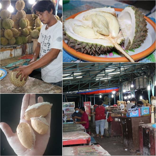 4년째 두리안 노점 지키는 아구스(28)씨와 과육, 씨앗, 테이블 [자카르타=연합뉴스]