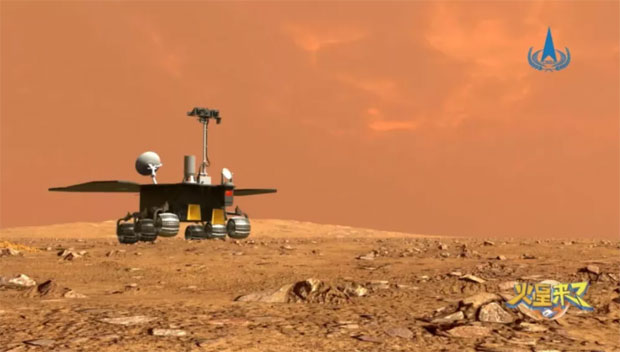 화성 지표에 안착한 중국 탐사 로버 주룽의 상상도. 착륙은 5월 중순으로 잡혀 있다. (출처=CNSA/CLEP)