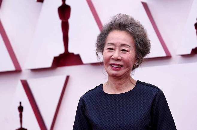 Youn Yuh-Jung, nominated for an Academy Award for Actress in a Supporting Role for her performance in "Minari" arrives at the Oscars on April 25, 2021, at Union Station in Los Angeles. (AFP)