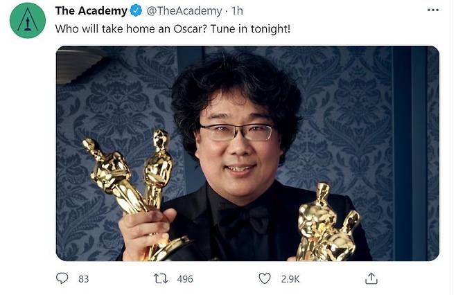 The Academy Awards shares a tweet featuring director Bong Joon-ho (Twitter)