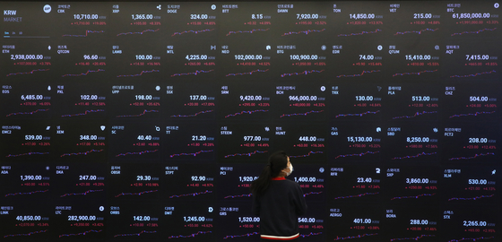 Prices of cryptocurrencies are displayed on a board operated by cryptocurrency exchange Upbit in Gangnam District, southern Seoul, on Monday. [NEWS1]