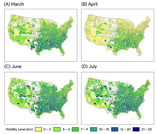 지난해 미국 내 지역별 이동성 수준을 나타낸 표. /자료=The impact of the COVID-19 pandemic on people's mobility: A longitudinal study of the U.S. from March to September of 2020 논문.